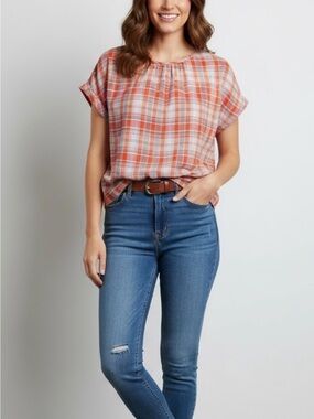 Madewell Orange Plaid Short-Sleeve Buttonless Blouse